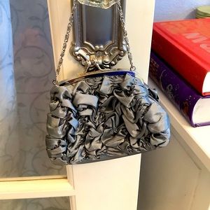 Formal unbranded dark silver kiss lock mini bag with ruched taffeta